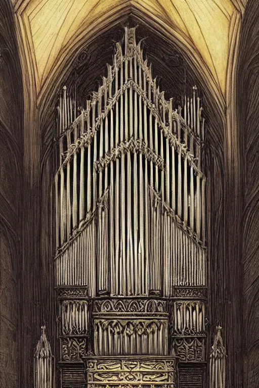 Prompt: a gothic pipe organ, graphic novel style by alan lee and john howe