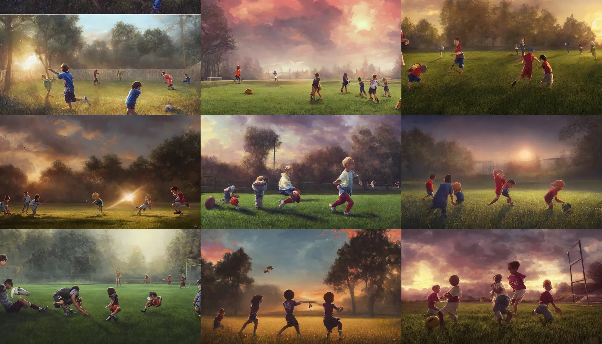 Image similar to beautiful painting of backyard football field with a pair of playing children during sunset, wide shot, digital painting, intricate details, trending on artstation, concept art, octane render, realistic, highly detailed, smooth, sharp focus, beautiful, 4 k, 8 k, hd, art by charlie bowater and artgerm and greg rutkowski