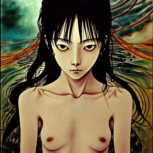 Image similar to prompt: Fragile looking vessel portrait face drawn by Katsuhiro Otomo, nymph in the water performing alchemy, intricate oil painting, soft dark light, intricate detail, intricate oil painting detail, sharp high detail, manga and anime 2000