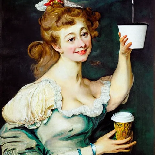 Prompt: eavenly summer sharp land sphere scallop well dressed lady holding a tall paper cup coffee, auslese, by peter paul rubens and eugene delacroix and karol bak, hyperrealism, digital illustration, fauvist, tall paper cup coffee, green coffee logo