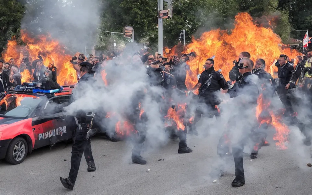 Image similar to an austrian police car burning with people dancing in a ritual around it