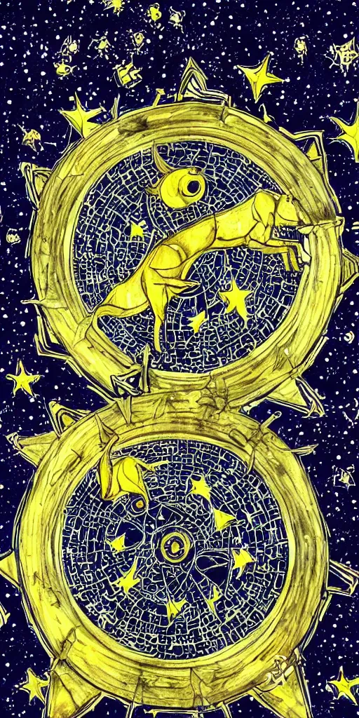 Image similar to an artistic drawing of the zodiac sign of taurus, with stars, futuristic