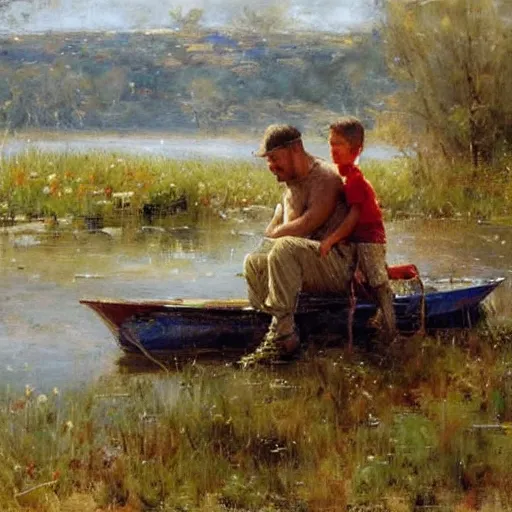 Image similar to painting of dad and son thinking together in boot on a calm lake, by pino daeni