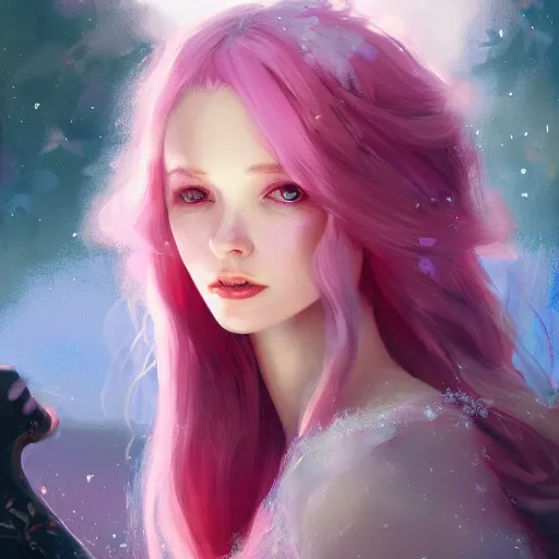 Image similar to fae princess with long flowy pink hair, shimmery skin, detailed background, moonlight streaming through window, cinematic lighting, highly detailed, digital painting, trending on artstation, pixiv, concept art, sharp focus, illustration, art by ross tran and wlop