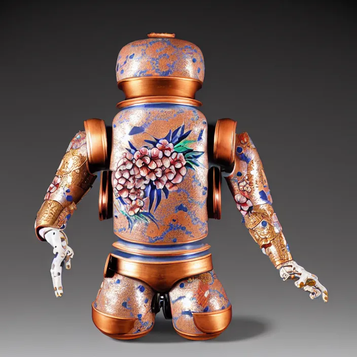 Image similar to ceramic cyborg, Kakiemon design with plums and stylized flowers in glaze and gilding Edo period 1670–1690, armor, diffuse lighting, fantasy, intricate, elegant, highly detailed, lifelike, photorealistic, digital painting, artstation, illustration, concept art, smooth, sharp focus, art by John Collier and Albert Aublet and Krenz Cushart and Artem Demura and Alphonse Mucha