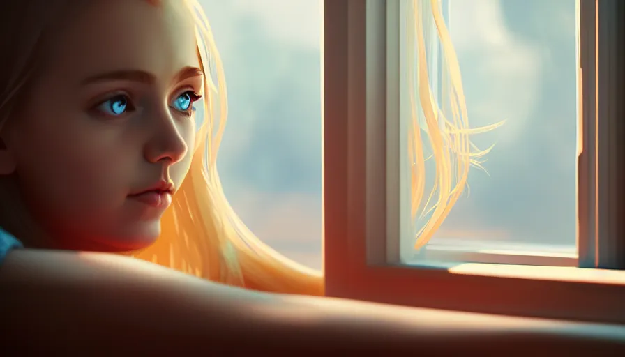 Prompt: young girl sitting beside the window drinking a glass of water, long blonde hair, sharp focus, hyperdetailed, artstation, cgsociety, 8k