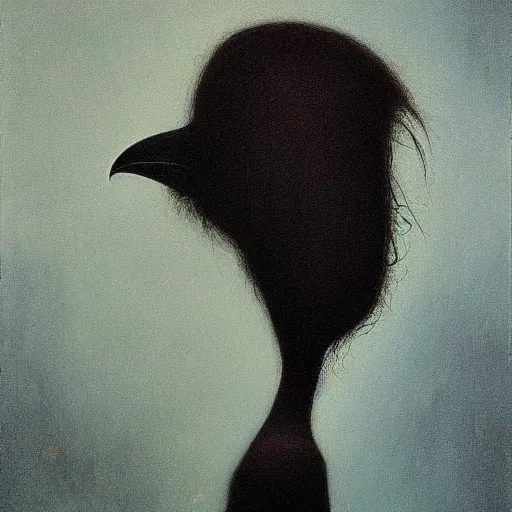 Prompt: young teen female with head of crow , painting by Beksinski