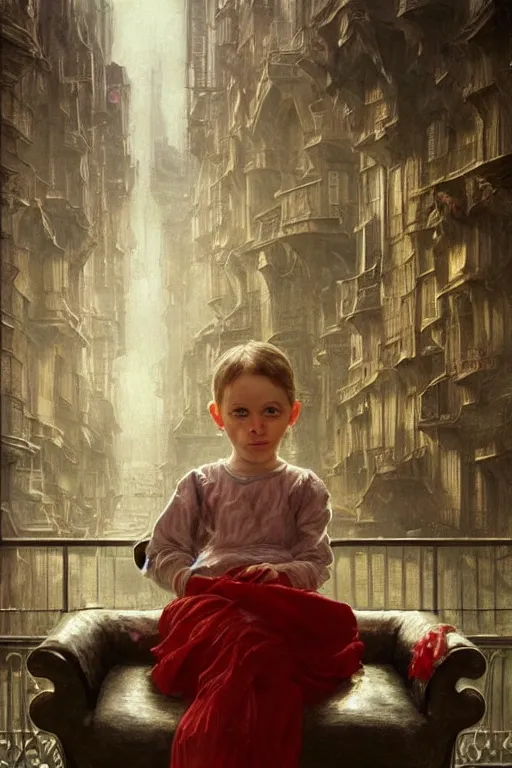 Prompt: photorealistic portrait photograph of a sad pale victorian robot child sitting on a red sofa made of human bones, surreal cityscape background, fantasy, depth of field, soft focus, highly detailed, intricate, realistic, national geographic cover, soft glow, textured, artstation, concept art, sharp focus, illustration, art by artgerm and greg rutkowski and alphonse mucha