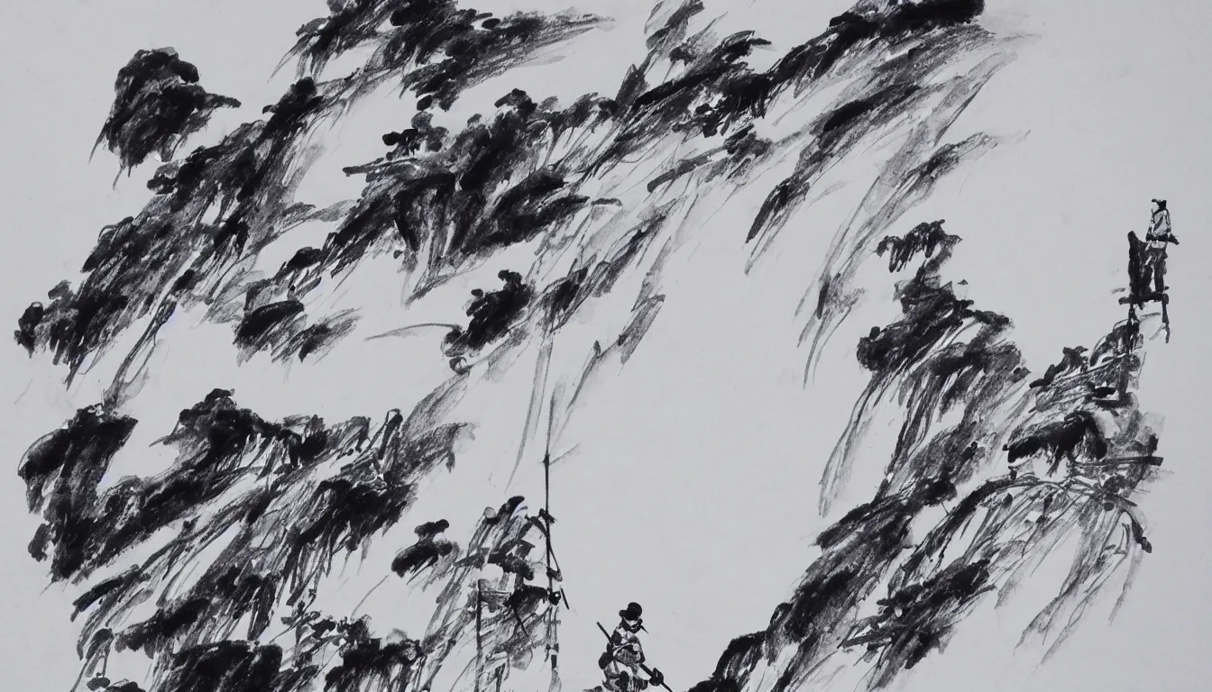 Prompt: traditional chinese ink drawing of a skier, ultra detailed