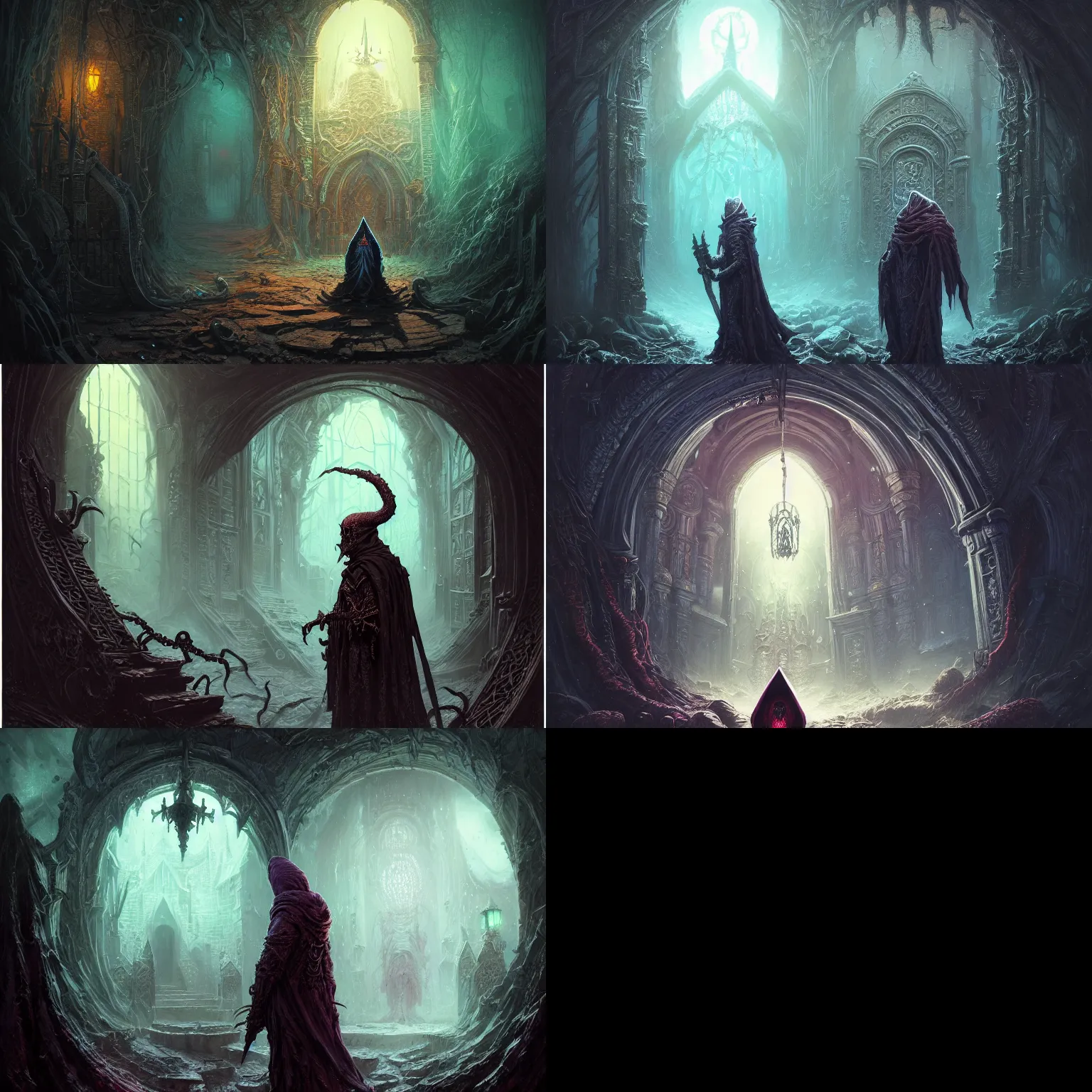 Prompt: extremely detailed intricate concept art of hooded necromancer in front of a lovecraft portal, wide - angle portrait photography, by android jones and greg rutkowski, synthwave color scheme, cinematic lighting, dark vibes, trending on artstation, beautiful composition, intricate, elegant, pro photography by, highly detailed, gaston bussiere, craig mullins