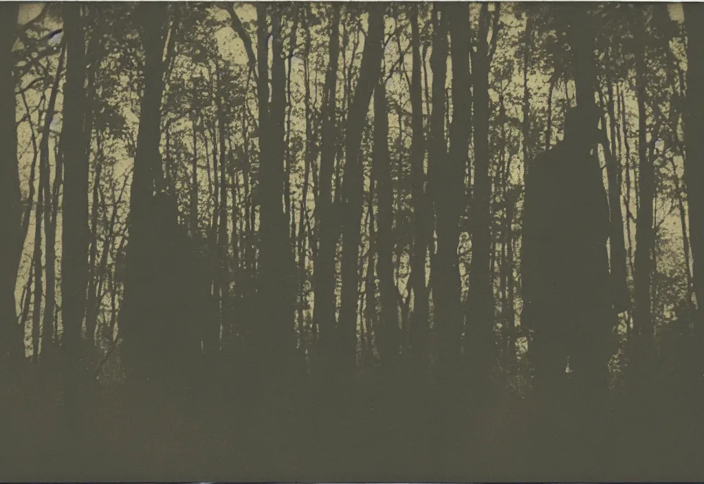 Image similar to vintage polaroid photograph of a silhouette of a man standing in a forest