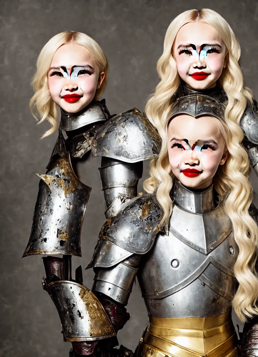 Prompt: dove cameron in a knight armor, full plate, photography, movie poster, red lipstick, leather, blood stains, hair in the wind, shiny metal armor, gold, victorious on a hill, battlefield, full body, sword pointed at sky