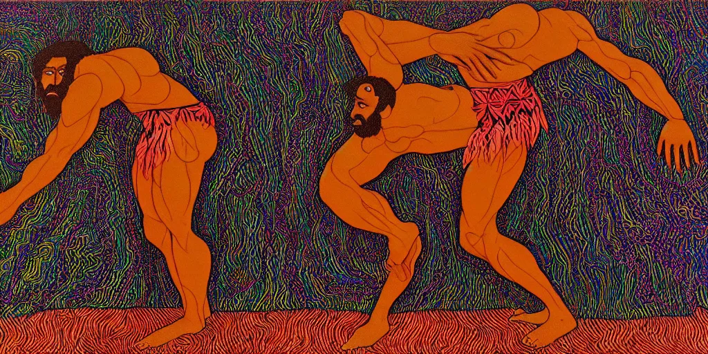 Image similar to an abstract tropical landscape, portrait of a hirsute dark - skinned greek god dancing. 2 4 mm, photorealistic, muted color scheme, directed by mati klarwein