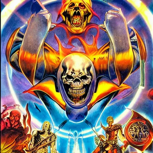 Prompt: masters of the universe, skeletor destroying sacred rainbow gates covered in illuminated Hebrew hieroglyphics