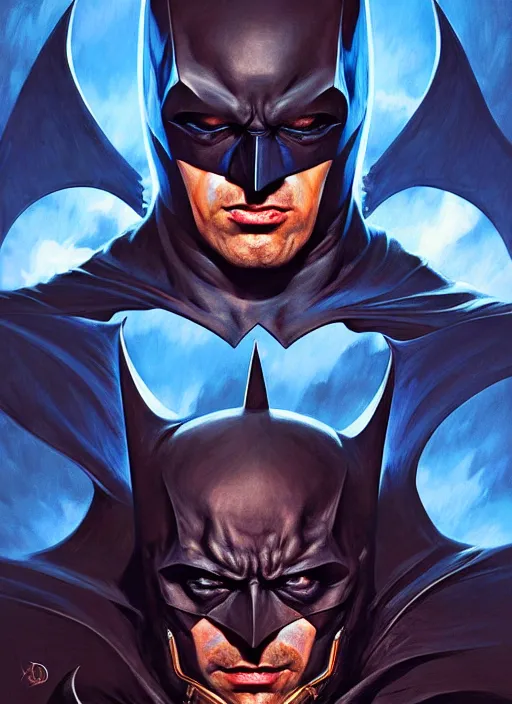 Image similar to portrait of aggressive hellish hazard batman, d & d, muscular! deep blue, magical, fantasy, intricate, elegant, highly detailed, digital painting, artstation, concept art, smooth, sharp focus, illustration, art by artgerm and greg rutkowski and alphonse mucha