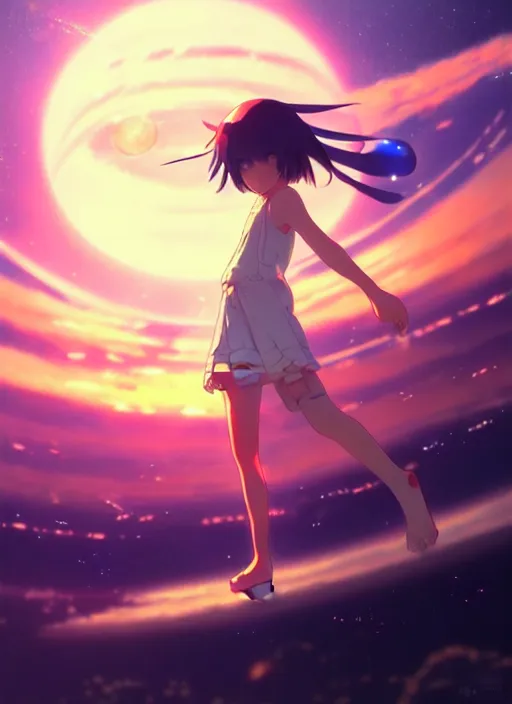 Image similar to anime girl floating against the backdrop of dawn, saturn in the background, illustration, concept art, anime, key visual, trending pixiv fanbox by wlop and greg rutkowski and makoto shinkai and studio ghibli