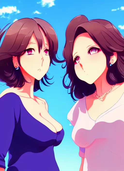 Image similar to two beautiful mature women under a blue sky, casual summer clothes, gorgeous faces, thick lines, cinematic lighting, detailed anime art