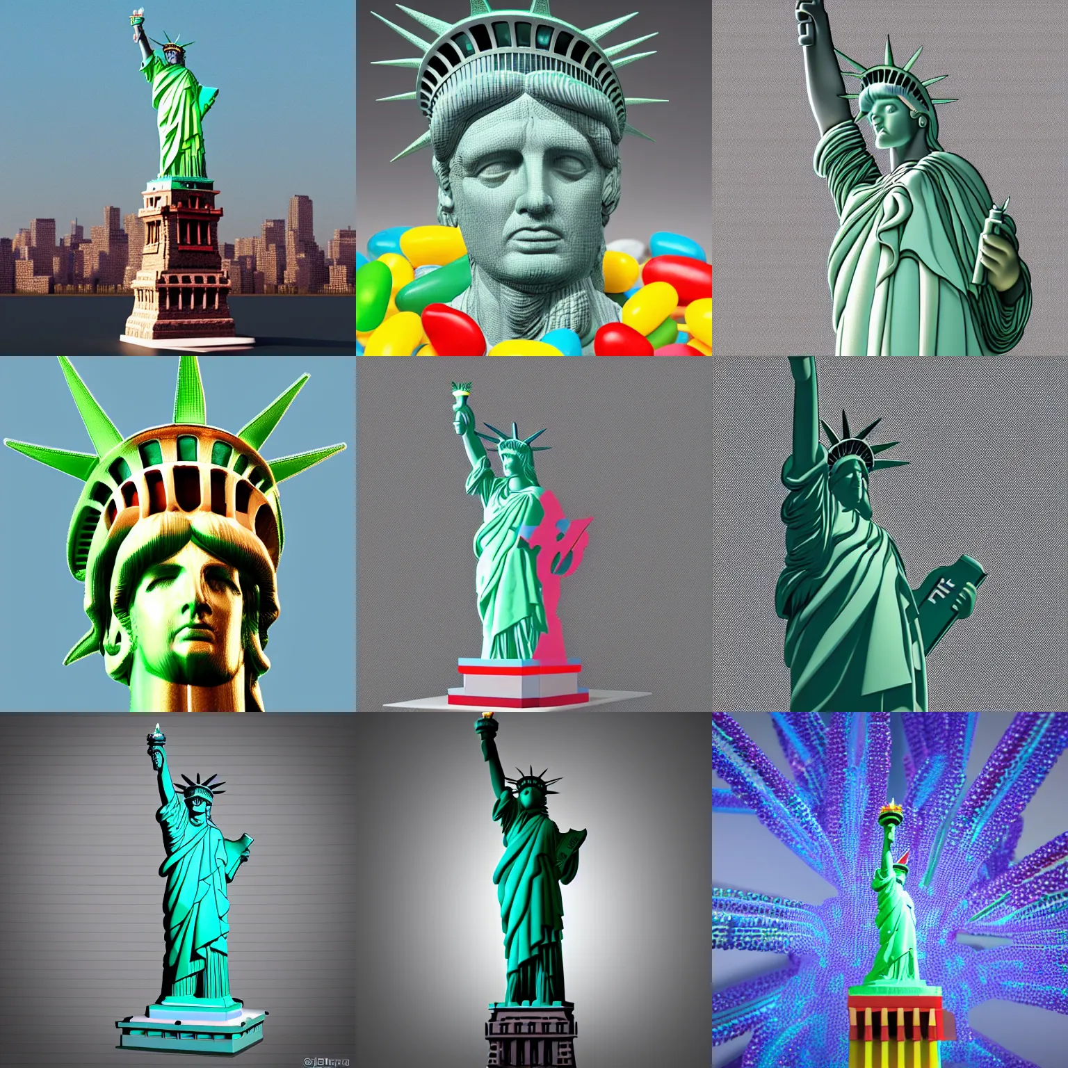 Prompt: jelly beans in the form of the statue of liberty, the statue of liberty but made of jelly beans, 3 d render, photorealistic, studio lighting, trending on artstation