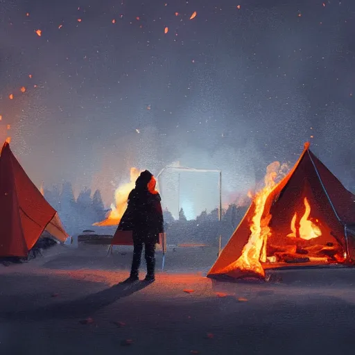 Image similar to a camp with tents on fire, burning down, shadows of 3 girls watching the camp burn, snow, dusk, painted by Sylvain Sarrailh, trending on Artstation