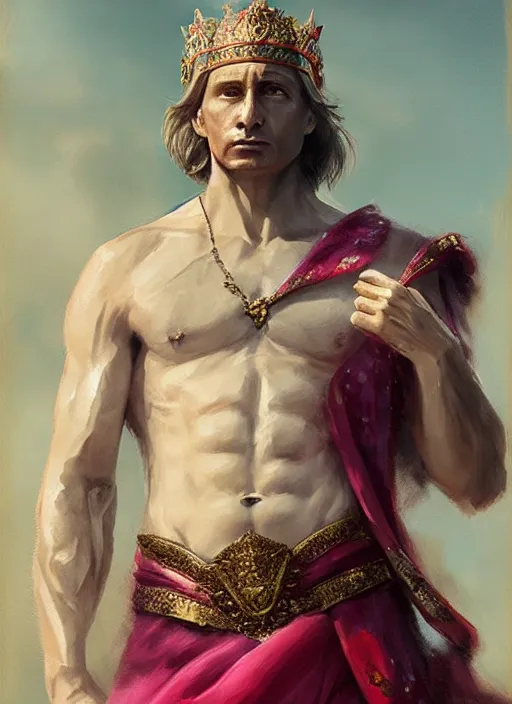 Prompt: vladimir putin as a magnificent beautiful greek god in a crown and pink balerrina skirt by greg rutkowski