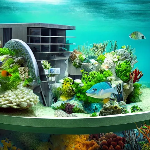 Prompt: underwater habitat 67 with lush vegetation, coral and marine creatures surrounding it