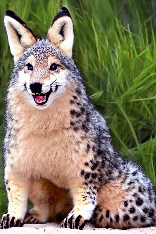 Image similar to a photorealistic adorable zany girly alluring chubby charming but slightly terrifying fennic fox wolf leopard rabbit hybrid, with long floppy rabbit ears chubby body, wearing a bow on the top of its head, grinning at the camera with a mischievous look, smile with sharp teeth, happy lighting, at a tropical beach