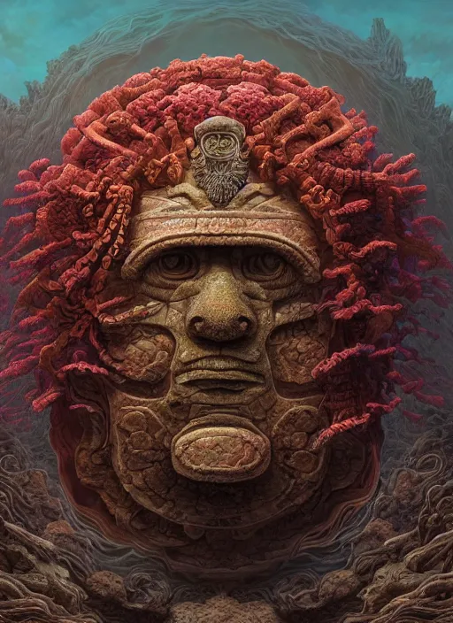 Image similar to Helmet of a forgotten Mayan Deity, corals, ribbons of seaweed, extremly detailed digital painting, in the style of Tomasz Alen Kopera and Fenghua Zhong and Peter Mohrbacher, mystical colors, rim light, beautiful lighting, 8k, stunning scene, raytracing, octane, trending on artstation