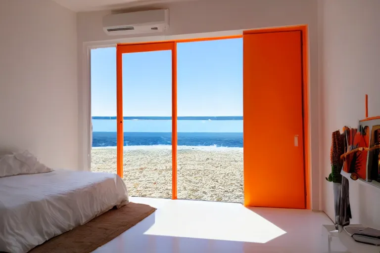 Image similar to a room with orange walls white floor contrabas, a big window with a view of the beach and sea, beautiful cinematic masterpiece very detailed