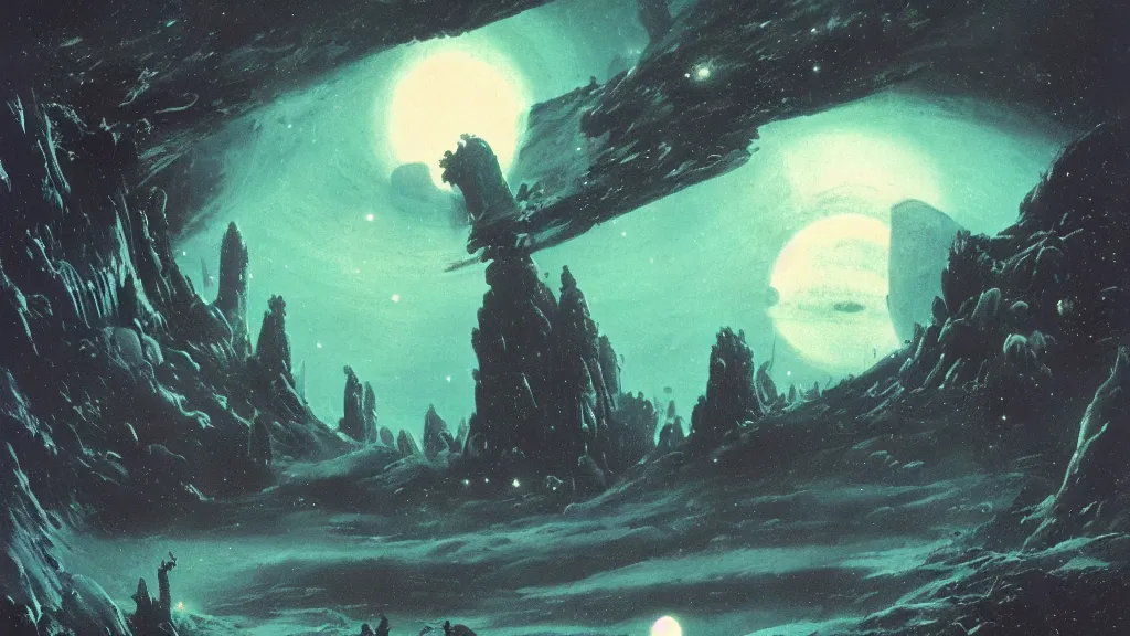 Image similar to eerie atmospheric alien planet by paul lehr and jack gaughan and john schoenherr, epic cinematic matte painting