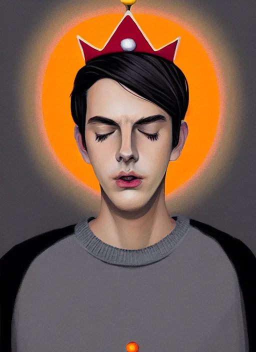 Image similar to portrait of teenage jughead jones wearing a light grey crown, symmetrical crown, sweater with picture of hamburger, eyes closed, crown, black hair, orange, intricate, elegant, glowing lights, warm lighting, highly detailed, digital painting, artstation, concept art, smooth, sharp focus, illustration, art by wlop, mars ravelo and greg rutkowski