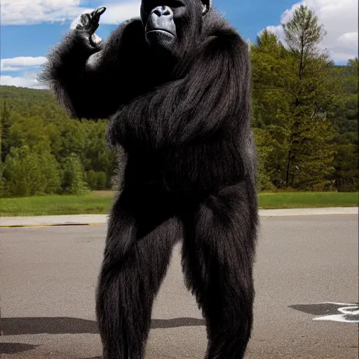 Prompt: A realistic photo of Walter White wearing a gorilla suit in New Hampshire