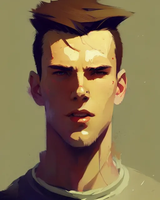 Image similar to hyper - realistic portrait of attractive brunet male by atey ghailan, by greg rutkowski, craig mullins, by greg tocchini, by james gilleard, by joe fenton, by kaethe butcher, dynamic lighting, gradient light yellow, brown, blonde cream and white color scheme, grunge aesthetic