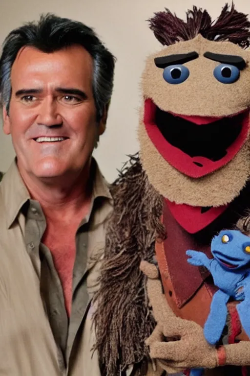 Image similar to Bruce Campbell starring in Evil Dead 2 Muppets movie