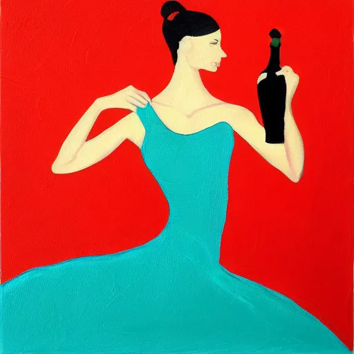 Image similar to square painting of a ballerina drinking wine in a teal room all on a red background