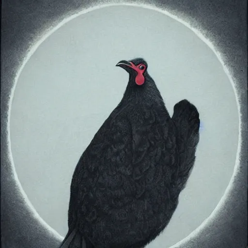 Image similar to a majestic chonky! black chicken with royal 'red!!! comb!!!', colored ultra-detailed pen and ink illustration, matte painting, modern concept art, impossible fine lines and details, divine background, by John Kenn Mortensen