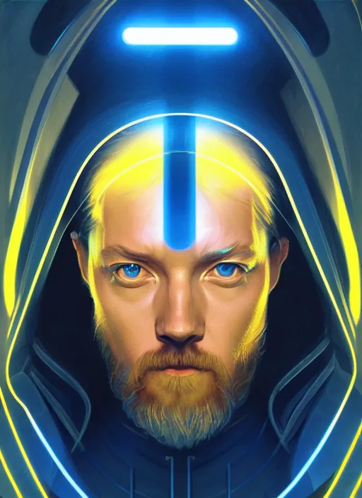 Prompt: symmetry portrait of obi - wan kenobi, sci - fi, tech wear, blue and yellow glowing lights, intricate, elegant, highly detailed, digital painting, artstation, concept art, smooth, sharp focus, illustration, art by artgerm and greg rutkowski and alphonse mucha