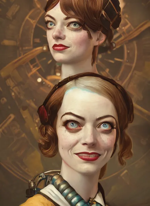 Image similar to Bioshock steampunk portrait of Emma Stone, au naturel, hyper detailed, digital art, trending in artstation, cinematic lighting, studio quality, smooth render, unreal engine 5 rendered, octane rendered, art style by klimt and nixeu and ian sprigger and wlop and krenz cushart