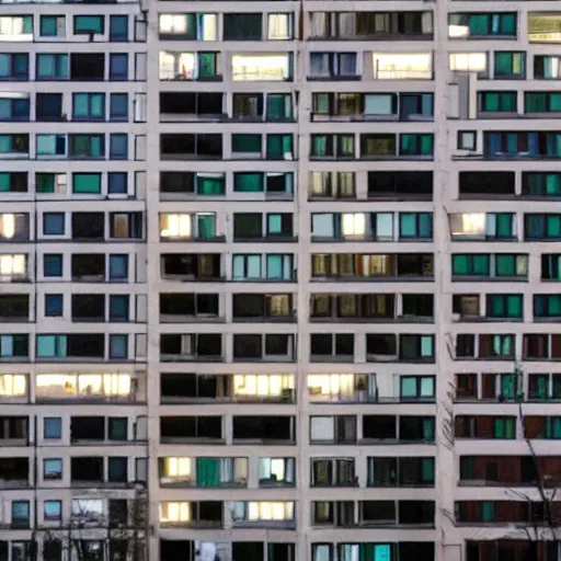 Prompt: An average post-soviet Polish residential block at night, only one window is lit, dark