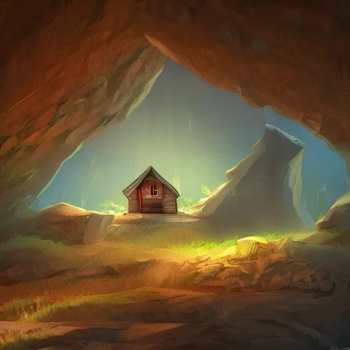 Prompt: cabin in a cave, artstation, digital art, felix Kelly