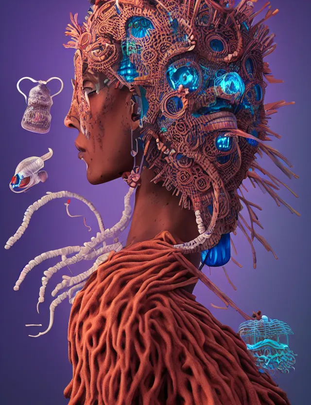 Prompt: 3 d witch doctor portrait. beautiful intricately detailed african mask and clasical japanese kimono. betta fish, jellyfish phoenix, bio luminescent, plasma, ice, water, wind, creature, artwork by tooth wu and wlop and beeple and greg rutkowski