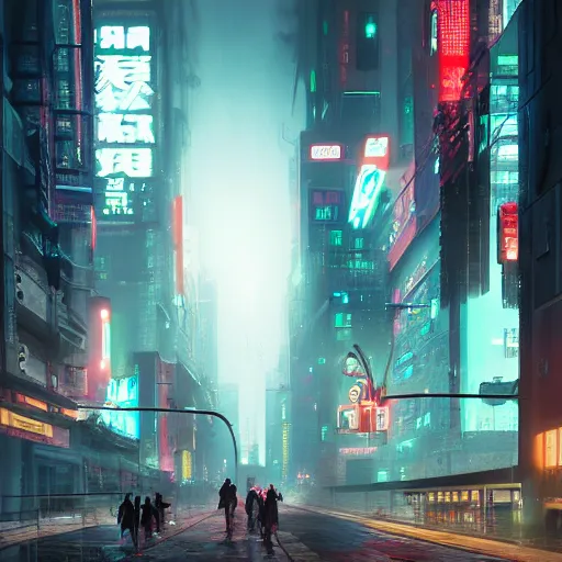 Prompt: cyberpunk city at night with people in the street, foggy, by feng zhu, concept art, Tokyo, detailed, hyper realistic, unreal engine, cgsociety, artstation,