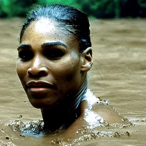 Image similar to film still, close up, serena williams rising out of muddy vietnam river, face covered in mud, low camera angle at water level, night time, film still from apocalypse now ( 1 9 7 9 ), 2 6 mm.