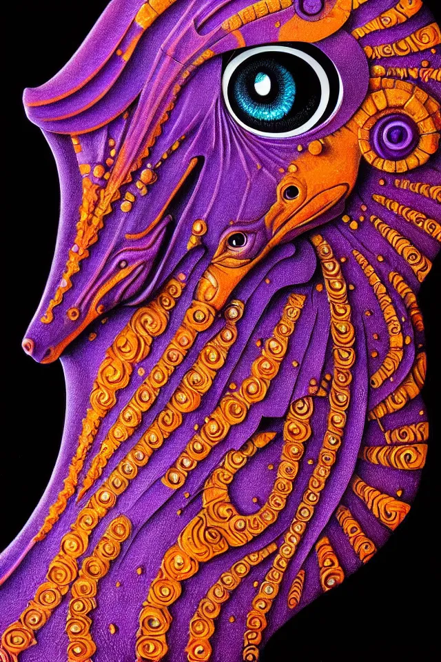 Image similar to a close up portrait of a purple ornate seahorse head statue, orange eyes, black paper, billions of details, beautiful intricate painting by kokaris