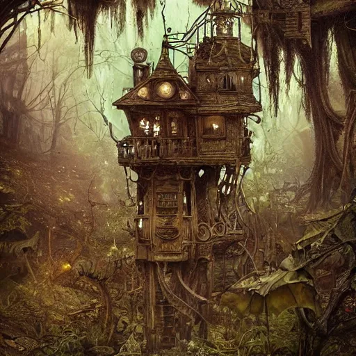 Image similar to dilapidated broken baba yagas steampunk treehouse, tucked within the witchwood forest, evil fairies, overgrown, detailed intricate ink illustration, dark atmosphere, detailed illustration, hd, 4k, digital art, overdetailed art, concept art, by greg rutkowski, by loish, complementing colors, Trending on artstation, deviantart