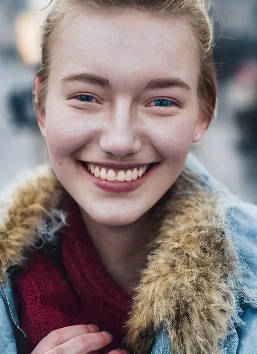 Prompt: Mid-shot portrait of a beautiful 20-year-old woman from Iceland, smile, candid street portrait in the style of Martin Schoeller award winning, Sony a7R