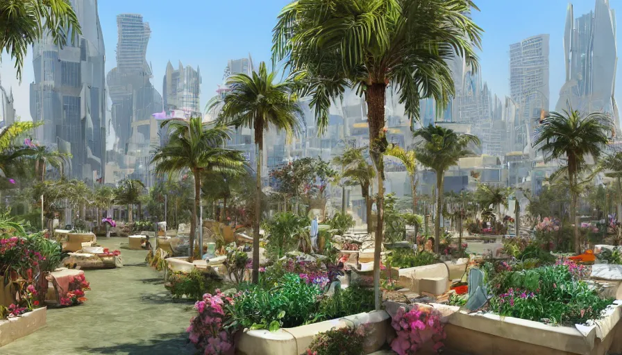 Image similar to arabic city with rooftop gardens, flowers, palms, artstation