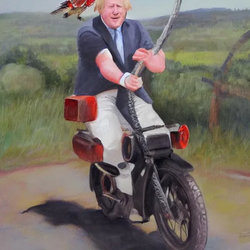 Prompt: boris johnson riding a veloceraptor, painting