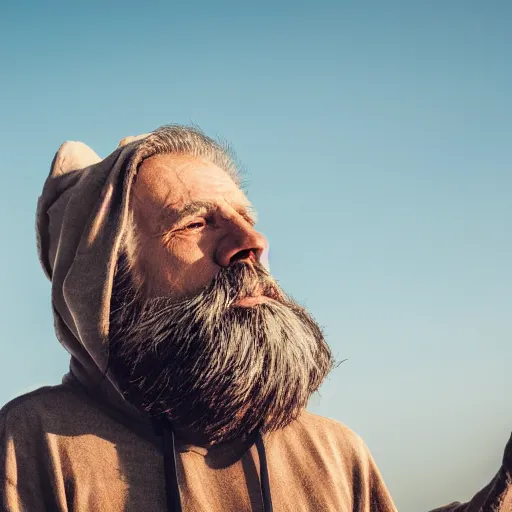 Image similar to old man with long white beard and a hood riding on lions back