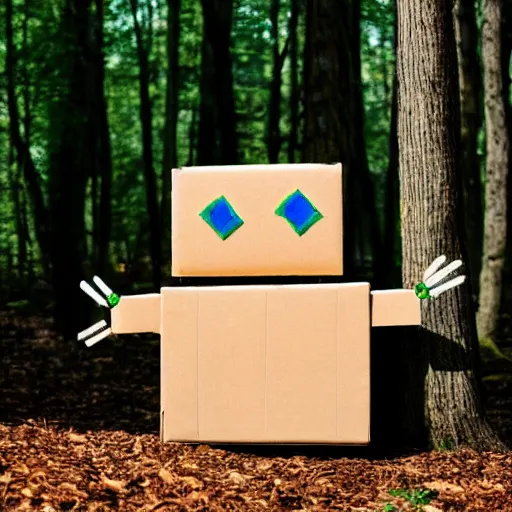 Image similar to robot made of a cardboard box, crayon face, walking through the forest