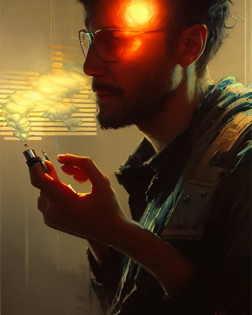 Prompt: programmer vaping staring at code on monitors in work from hope setup, pulp character portrait, ultra realistic, concept art, intricate details, highly detailed by greg rutkowski, gaston bussiere, craig mullins, simon bisley